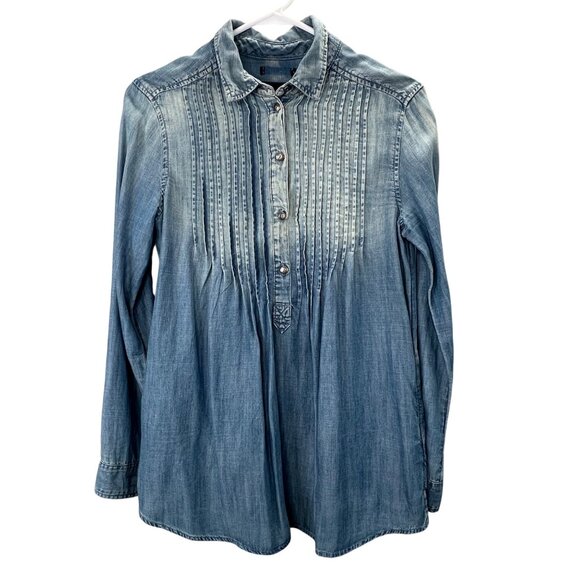 American Eagle Peasant Popover Top Chambray Denim XS Pullover Long Sleeve Blue - Picture 1 of 8